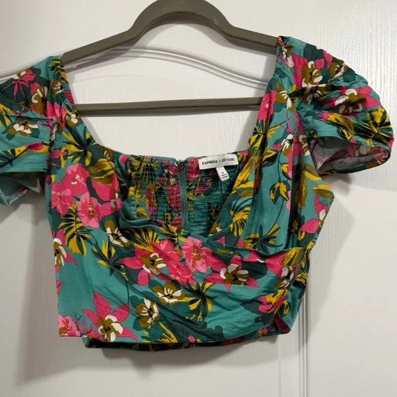 Express Teal Floral Puff Sleeve Crop Top - Picture 3 of 8